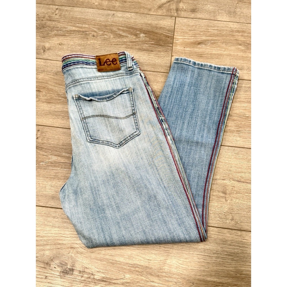 Vintage LEE Womens Light Denim Stretch‎ Color Stitching Fly Jeans Size 28"